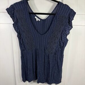 Maurices Navy Striped Tunic Top with Silver Metallic Thread and Crochet size M